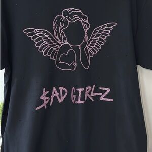 Black T-Shirt with Pink Angel sad girlz in pink glitter